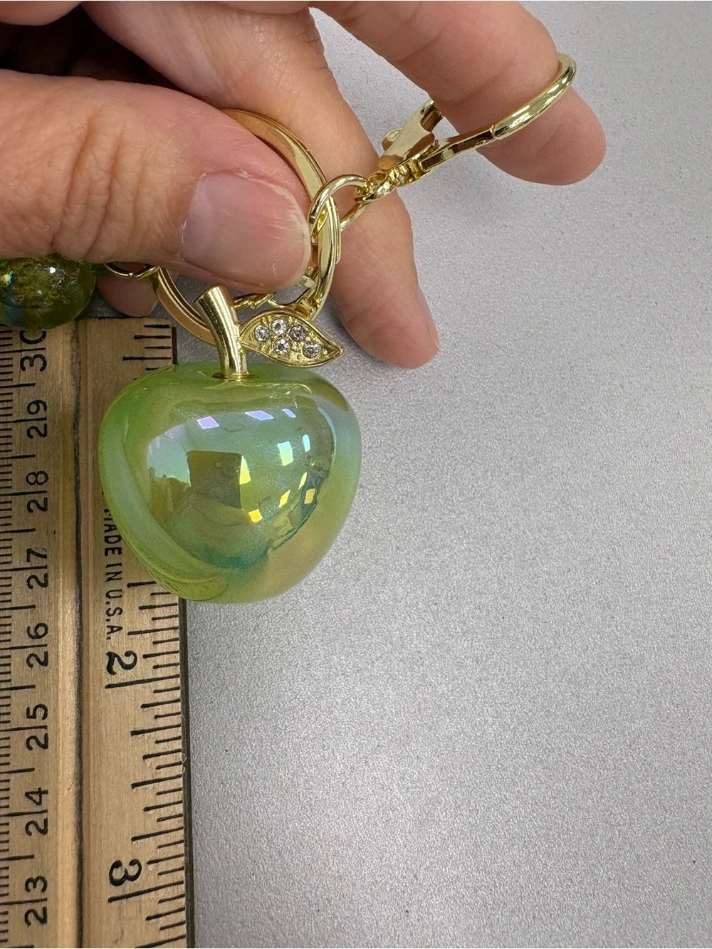 NWOT Iridescent Lime Green Glass Apple Keychain Charm Gold Rhinestone Leaf Cute